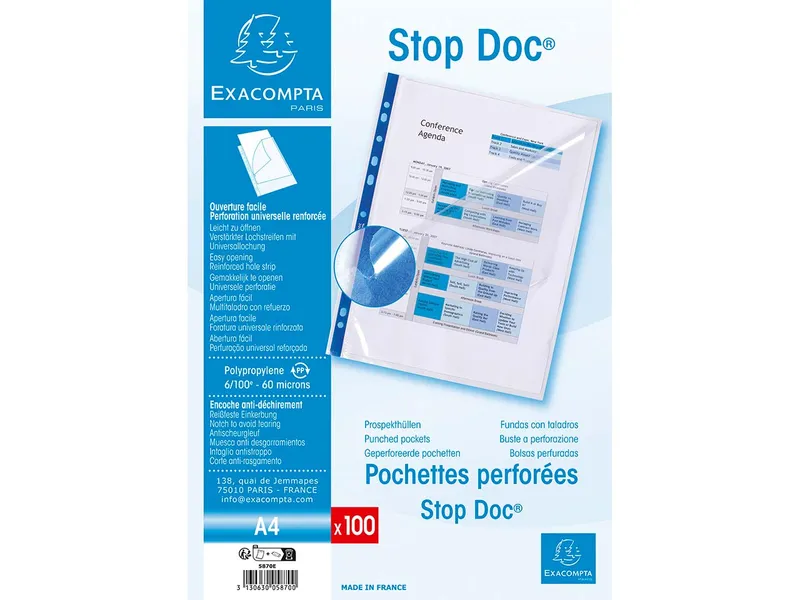 Exacompta Exacompta Prospekthüllen "StopDoc" 2-seitig offen, glatt, DIN A4, 60µ, 100 Stk. – Produktbild 1 von 1