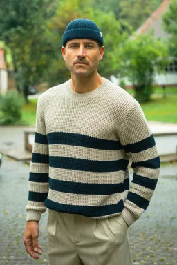 DIRTS DIRTS Herren vegan Strickpullover Mit Rundhalsausschnitt Gestreift Navy/Desert Beige – Produktbild 1 von 1