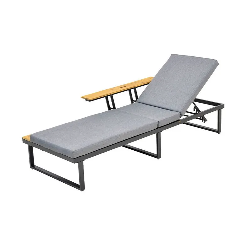 acamp Relaxliege Sonnenliege mit Polsterauflage, verstellbar, Stahl wetterfest, Ablage, Set 2 Teile, Gartenliege 200x75 cm, 8 cm Polster, Holzablage klappbar, Rostschutz, Grau, – Produktbild 3 von 4