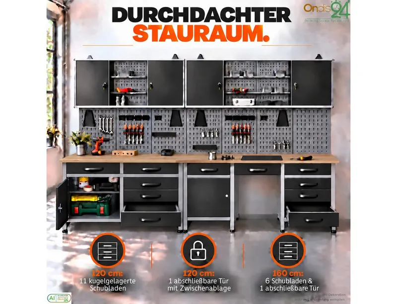ONDIS24 Werkstatt-Set Werkstatt-Set Herkules 280 cm Werkbank 11 Schubladen Hängeschränke – Produktbild 5 von 5