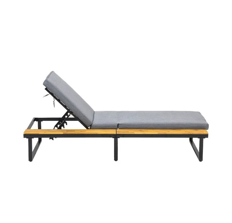 acamp Relaxliege Sonnenliege mit Polsterauflage, verstellbar, Stahl wetterfest, Ablage, Set 2 Teile, Gartenliege 200x75 cm, 8 cm Polster, Holzablage klappbar, Rostschutz, Grau, – Produktbild 4 von 4
