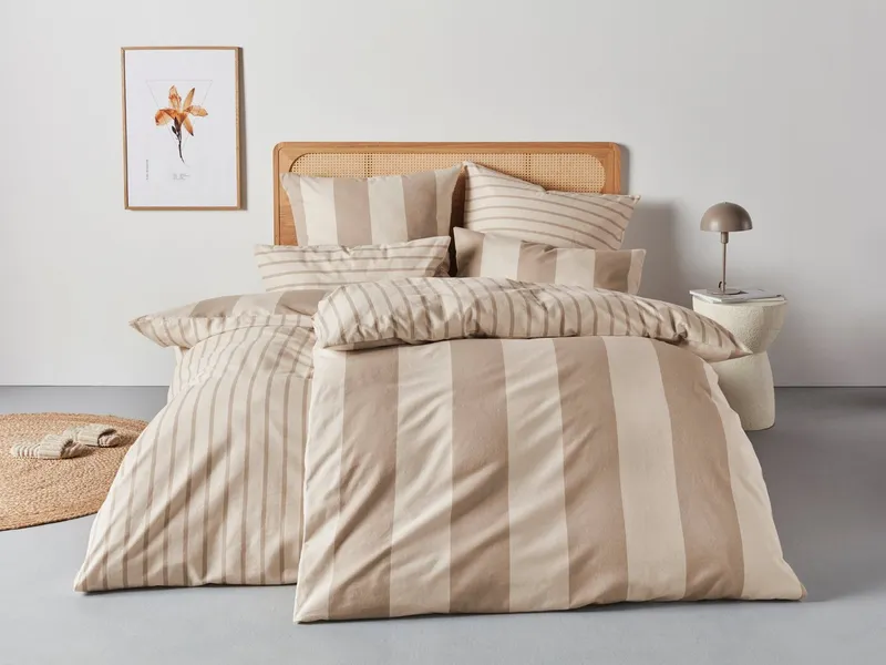 OTTO home Wendebettwäsche Sari in verschiedenen Qualitäten, Linon, 3 teilig, ab Gr. 135x200 cm, Wendedesign, moderne Bettwäsche mit Streifen, Beige, – Produktbild 1 von 5