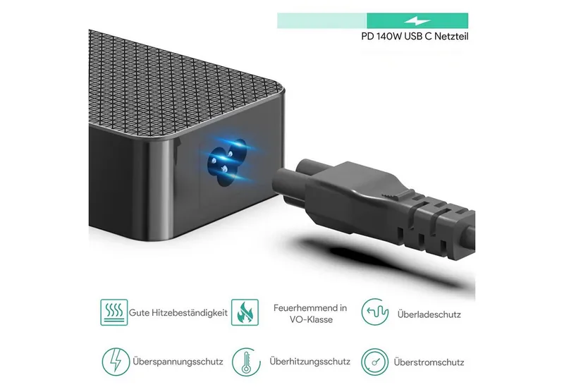HKY 28V 5A 140W USB C GaN Laptop Schnellladegerät für MacBook Pro/Air, HP Notebook-Netzteil (Huawei,Chromebook,i-Pad Pro,MSI Gaming,Samsung,Lenovo,Dell XPS 13), Schwarz, – Produktbild 4 von 5