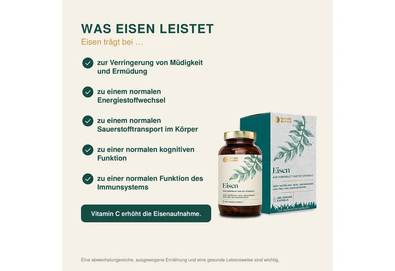 Nature Basics Natürliches Eisen mit Vitamin C Vegan im Braunglas 180 Kapseln, 180 St., 135 g – Produktbild 5 von 5
