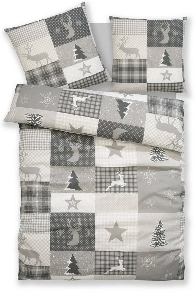 OTTO home Bettwäsche Nicholas, Biber, 2 teilig, Weihnachtsbettwäsche, Winter, in 3 Qualitäten verfügbar, Grau, – Produktbild 2 von 6