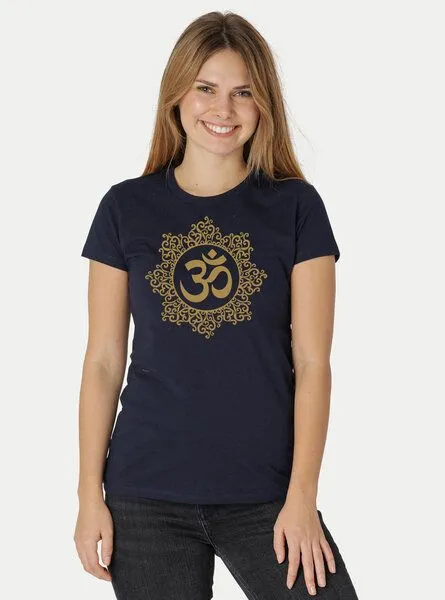 Peaces.bio - handbedruckte Biomode Peaces.bio - handbedruckte Biomode Bio-Damen-T-Shirt "Classic Om", Blau, – Produktbild 2 von 2