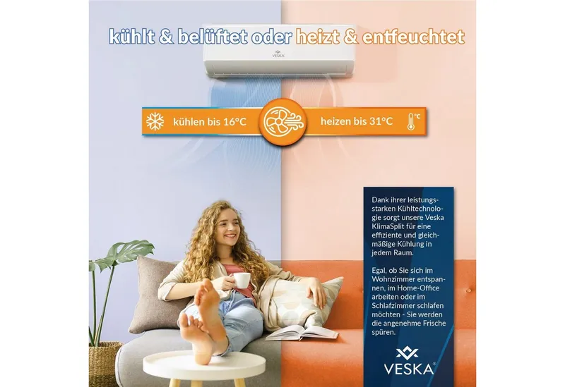 VESKA VESKA Split-Klimagerät Inverter Klimaanlage 12000 BTU - 3,5 KW - 2in1 Kühlen und Heizen, mit WiFi/App Funktion, Fernbedienung, Timer, inkl. Montagematerial – Produktbild 3 von 5