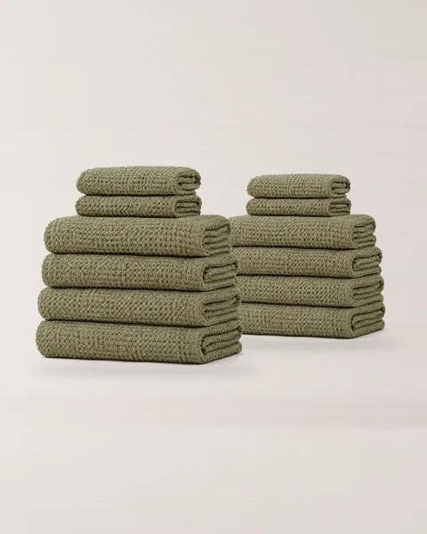 AmourLinen AmourLinen Waffel-Handtuch-Set aus Leinen, Luxe-Pack, 8 Badetücher + 4 Handtücher, Moss grün, – Produktbild 1 von 3