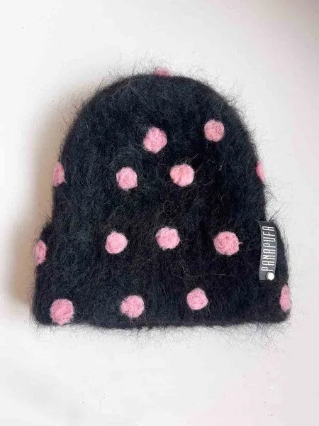 PANAPUFA PANAPUFA Gepunktete Mütze aus Mohair und Alpaka, Schwarz rosa, – Produktbild 3 von 4