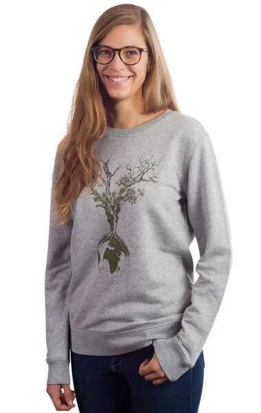 Life-Tree Life-Tree Sweater aus Biobaumwolle Fairwear für Damen "Weltenbaum" in Heather Grey – Produktbild 3 von 5