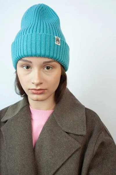 Strickmütze aus Merinowolle, abstehend Unisex Kiwistories, Türkis, – Produktbild 1 von 4