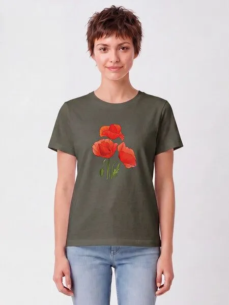 watapparel watapparel T-Shirt Frauen Poppy Flowers, Khaki, – Produktbild 2 von 2