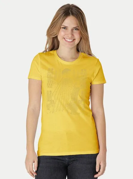 Peaces.bio - handbedruckte Biomode Peaces.bio - handbedruckte Biomode Damen Fit T-Shirt Sonnenscheibe Aton, Gelb, – Produktbild 2 von 2