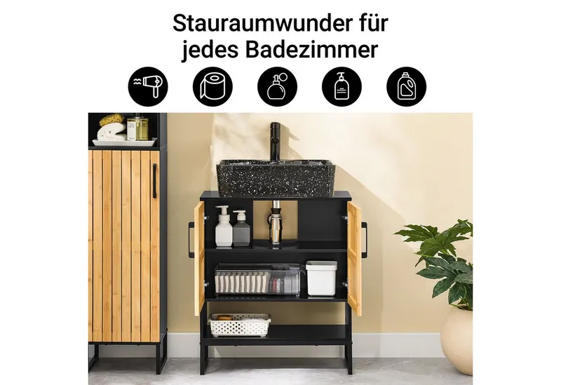 SoBuy Waschbeckenunterschrank BZR202 Waschbeckenunterschrank 60 cm breit, Badezimmerschrank, Unterschrank, Schwarz, – Produktbild 3 von 5