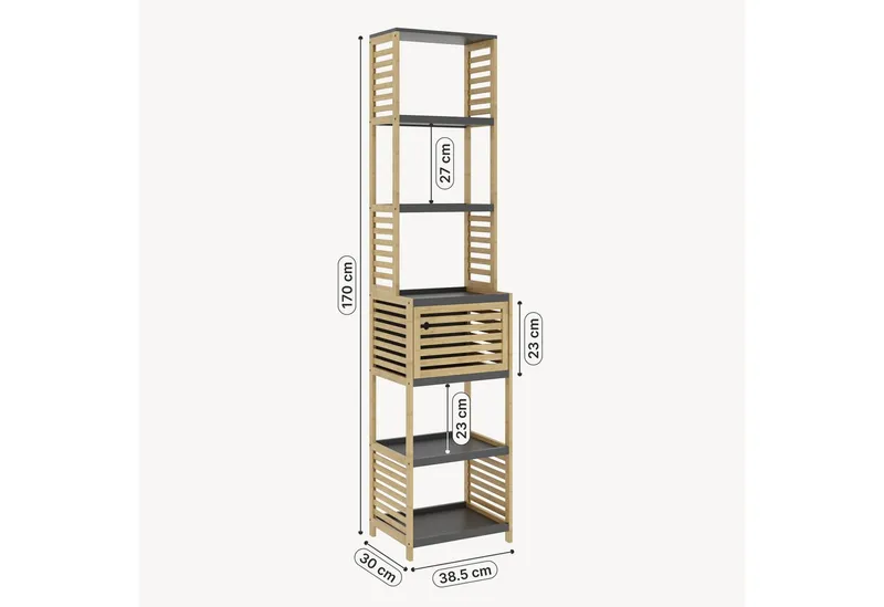 en.casa Badregal, »Kydesby« 170 x 39 x 30 cm 1 Tür 5 offene Fächer Bambus Natur/Grau, Beige|grau, – Produktbild 5 von 5