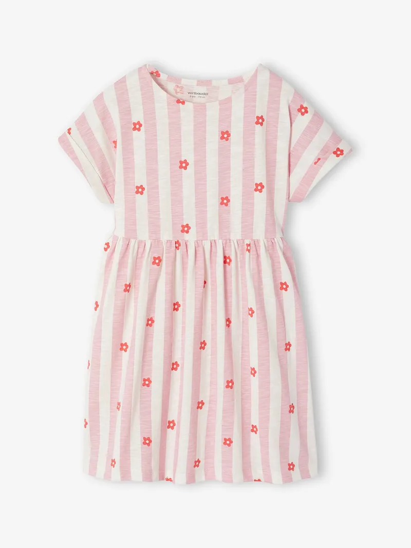 Vertbaudet Gestreiftes Jersey-Kleid mit kurzen Ärmeln Mädchen, Rosa gestreift, – Produktbild 1 von 3