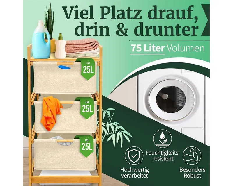 HEIMWERT Wäschekorb Wäschekorb Regal 3 Fächer Wäschesortierer Wäschesammler, Beige, – Produktbild 4 von 5