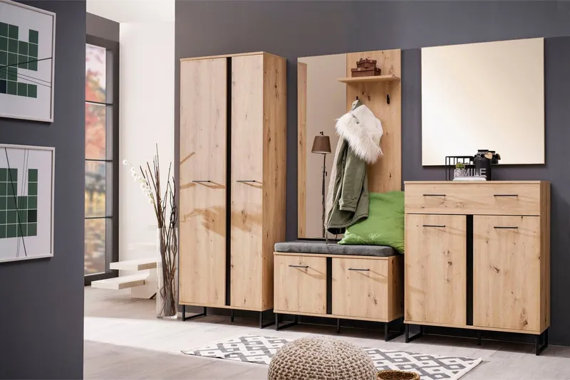 Home affaire Garderoben-Set Sardinia 5-teiliges Set mit Spiegel in Eiche mit schwarzen Elementen, (Set, 5-St., Garderobenschrank, Schuhkommode, Schuhbank, Garderobenpaneel, Spiegel), Beige, – Produktbild 2 von 5