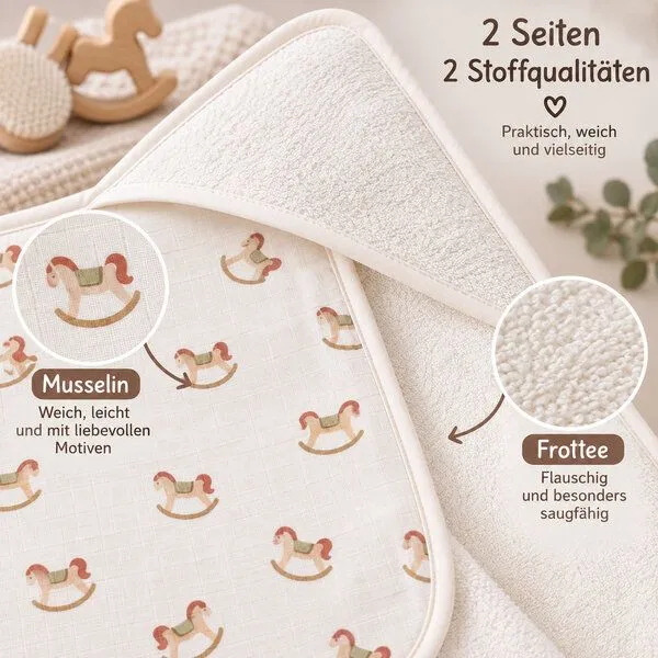 Bebekevi Bebekevi Baby Kapuzenbadetuch 75 × 75 cm aus Musselin & Frottee | Weiche Musselin-Innenseite | inkl. Waschhandschuh | Gemustert, Naturweiß karussellpferd, – Produktbild 4 von 4