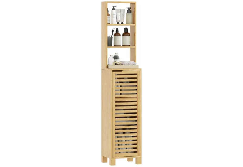 HOMCOM HOMCOM Badkommode Badezimmerschrank, Hochschrank mit 3 offenen Regalen, Lamellentür (Badezimmerschrank aus Bambus, 1 St., Badschrank), für Badezimmer, Wohnzimmer 34 x 30 x 170 cm, Beige, – Produktbild 2 von 4