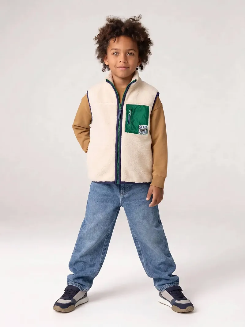 Vertbaudet Vertbaudet Jungen Teddyfleece-Weste mit Brusttasche, Wollweiß, – Produktbild 4 von 4