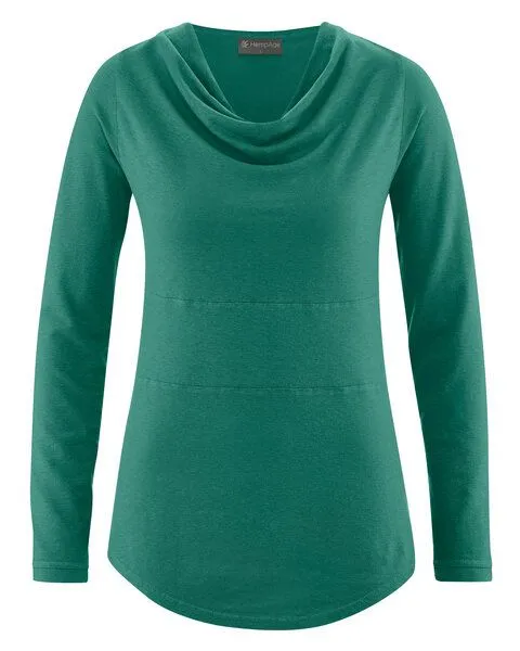 HempAge HempAge Damen Langarmshirt mit Wasserfallkragen Hanf/Biobaumwolle, Jungle (grün), – Produktbild 1 von 3