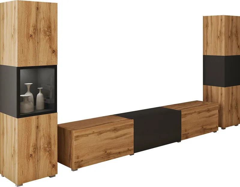Home affaire Wohnwand BERLIN III, Vitrine Türschlag links/rechts wechselbar, (Komplett-Set, 3-St), moderne grifflose Mediawand Breite 260 cm, Vitrine mit Verglasung, Beige|schwarz, – Produktbild 1 von 5