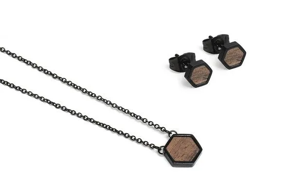 BeWooden BeWooden Hexagon Set - Ohringe + Kette mit Anhänger, Apis nox, – Produktbild 1 von 1
