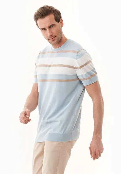 ORGANICATION ORGANICATION Feinstrick-T-Shirt aus Bio-Baumwolle mit Streifen, Blau(blue haze), – Produktbild 3 von 4