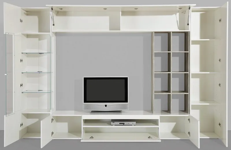 OTTO home Wohnwand New Egypt, Anbauwand, Medienwand, Wohnzimmerwand, (Set, 5-St., 2 Klappen,2 kleine Türen,2 große Türen), 2 Klappen,2 kleineTüren,2 große Türen,Regalaufsatz Breite 290 Höhe 191, Weiß, – Produktbild 7 von 8