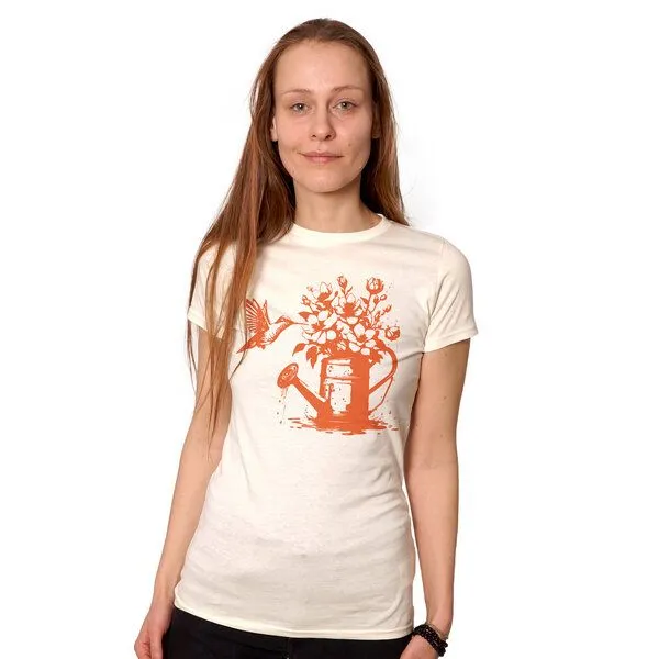 HANDGEDRUCKT HANDGEDRUCKT "Gartenfreude" Frauen-T-SHIRT von Earth Positiv Biobaumwolle, Ecru, – Produktbild 1 von 3