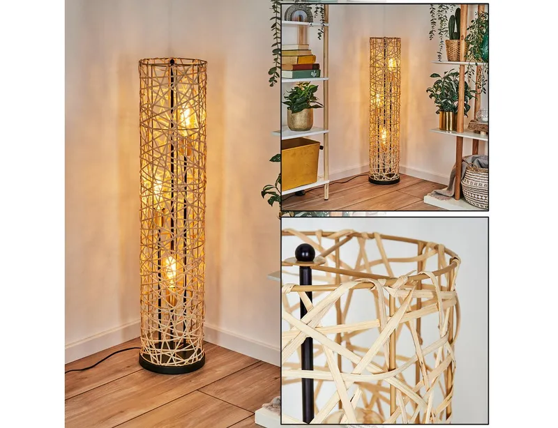 hofstein Stehlampe Stehlampe aus Metall/Bambus in Schwarz/Gold/Natur mit Lichteffekt, ohne Leuchtmittel, Leuchte im Skandinavischen/Boho-Design mit Fußschhalter, E27, Beige|schwarz, – Produktbild 2 von 5