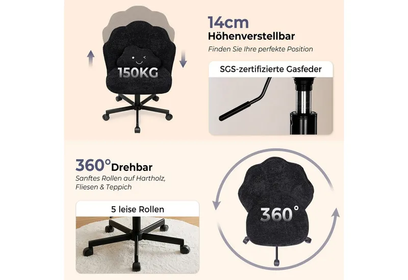 COMHOMA Bürostuhl Schminkstuhl Homeoffice Stuhl, Schreibtischstuhl Drehstuhl mit Rrollen, höhenverstellbar,für Schminktisch,Arbeitszimmer, Schwarz, – Produktbild 5 von 8