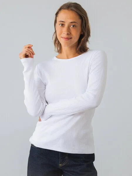 Honest Basics Honest Basics Damen Geripptes Langarmshirt aus Bio- und recycelter Baumwolle, Weiss, – Produktbild 3 von 4