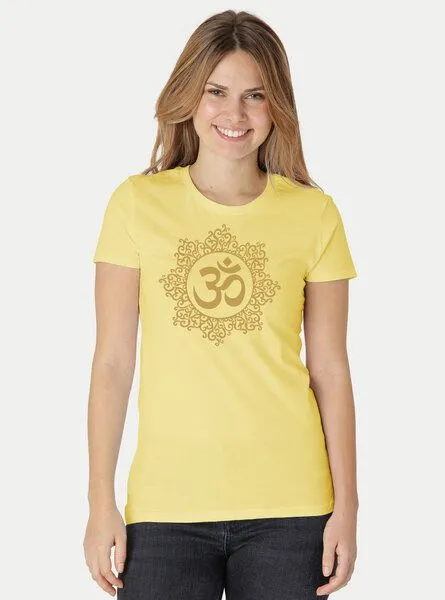 Peaces.bio - handbedruckte Biomode Peaces.bio - handbedruckte Biomode Bio-Damen-T-Shirt "Classic Om", Hellgelb, – Produktbild 2 von 2
