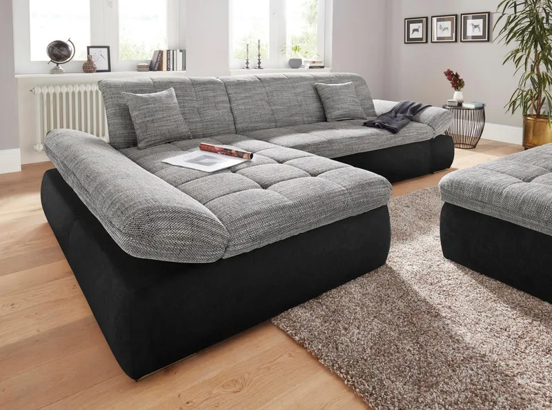 DOMO collection Ecksofa PB MORIC wahlweise mit Bettfunktion + Armteilverstellung, L-Form, im XXL-Format, B/T/H:300/172/80 cm, feine Steppung, Grau|schwarz, – Produktbild 7 von 8