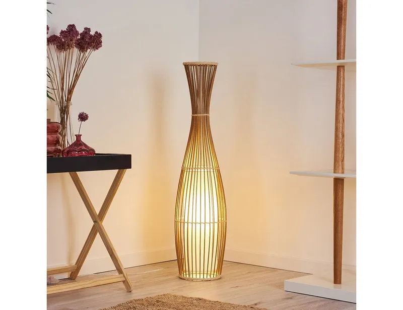 hofstein Stehlampe »Archi« Stehleuchte Vintage Bodenleuchte aus Bambus/Stoff, Natur/Weiß, ohne Leuchtmittel, Ø18cm, E27, im Boho-Style mit Fußschalter am Kabel, Beige|braun, – Produktbild 4 von 5