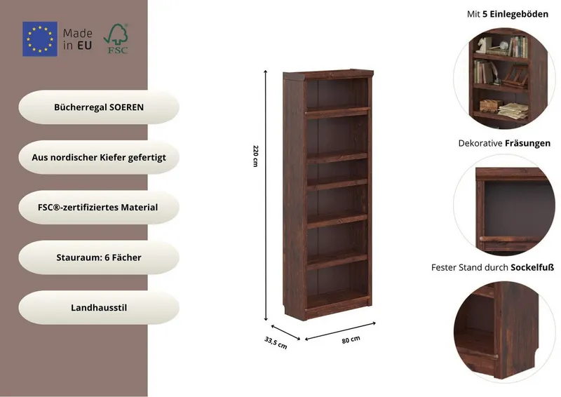 OTTO home Bücherregal Soeren Regal B/T/H: 80/33,5/220 cm, mit 6 Fächern, massive Kiefer, FSC®-zertifizier, Braun, – Produktbild 3 von 3