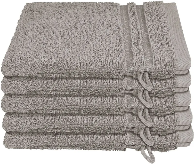 Schiesser Schiesser Waschhandschuh Milano Waschhandschuh-Set aus weicher Baumwolle in Frottier-Qualität, (5-St), mit Webbordüre, Silberfarben, – Produktbild 1 von 5