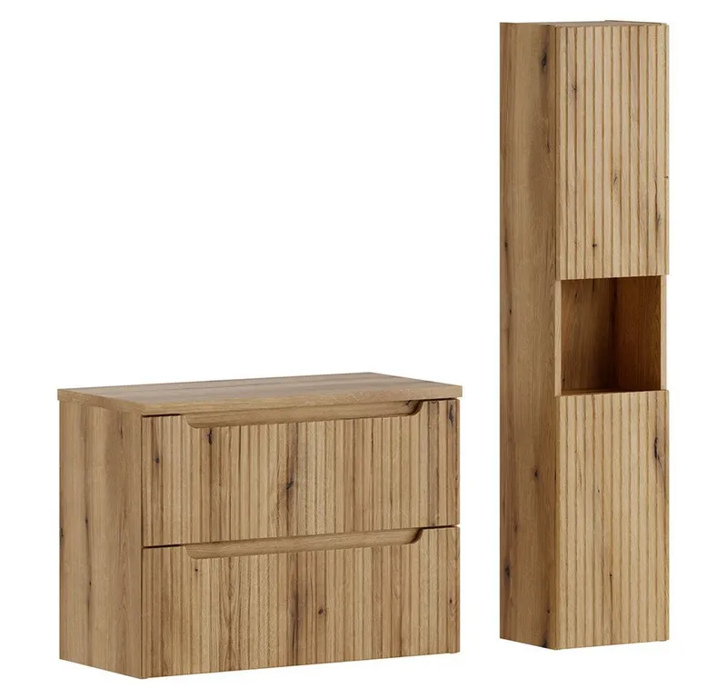 Lomadox Badmöbel-Set NEWPORT-56-EVOKE, (Spar-Set, 2-St., Waschtischunterschrank Hochschrank), in Eiche mit gerillter Front, Braun, – Produktbild 1 von 5