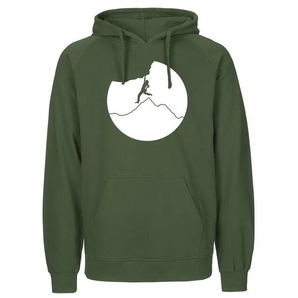 HANDGEDRUCKT HANDGEDRUCKT "Klettern" Männer Hoody aus reiner Biobaumwolle (kbA), Military, – Produktbild 1 von 3