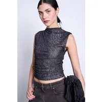 JAN N JUNE JAN 'N JUNE Damen vegan Top Mit Rüschen Und Netzstoff Laguna Dark Leo Print – Produktbild 1 von 1