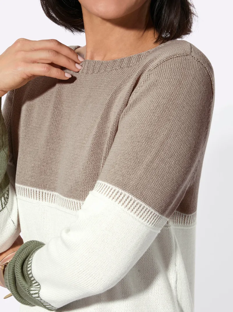 Witt Rundhalspullover khaki-ecru-gemustert, Khaki-ecru-gemustert, – Produktbild 1 von 2
