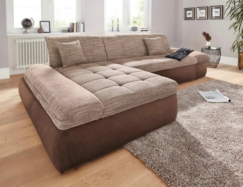 DOMO collection Ecksofa PB MORIC wahlweise mit Bettfunktion + Armteilverstellung, L-Form, im XXL-Format, B/T/H:300/172/80 cm, feine Steppung, Beige|braun, – Produktbild 5 von 6