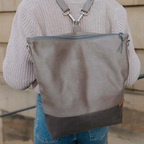 BOWLEANIES TASCHEN BOWLEANIES TASCHEN 2-in-1 Rucksacktasche aus Lederfaserstoff, Hellgrau & dunkelgrau, – Produktbild 1 von 4