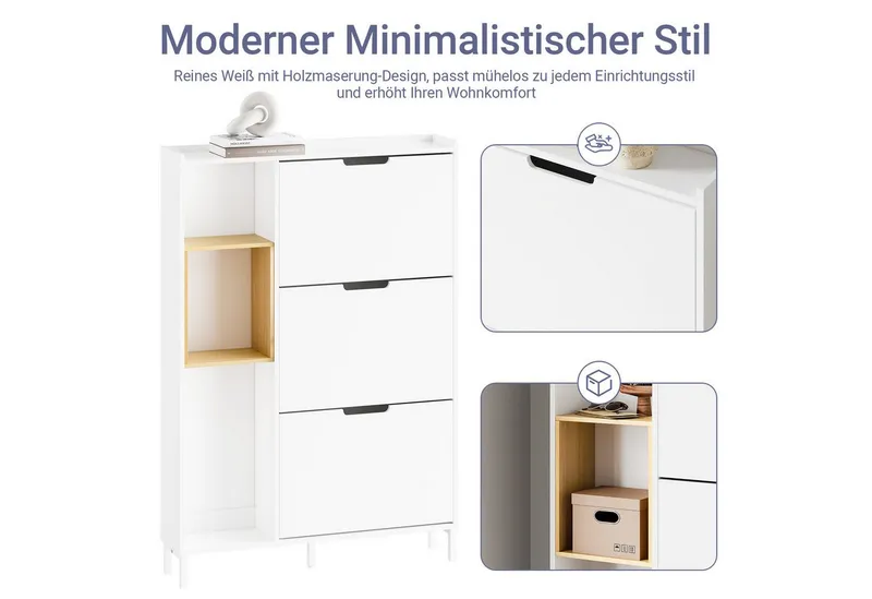 SoBuy Schuhschrank FSR209, Schuhkipper mit 3 Klappen, Schuhregal Schuhablage Schuhkommode Schuhschrank schmal, mit 3 Klappen, zusätzlichen Fächern, Bambus, Holz, Weiß, – Produktbild 5 von 5