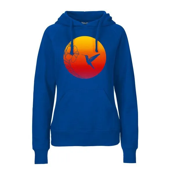 HANDGEDRUCKT HANDGEDRUCKT "Kolibri" Frauen HOODY aus reiner Biobaumwolle (kbA), Royal, – Produktbild 1 von 4