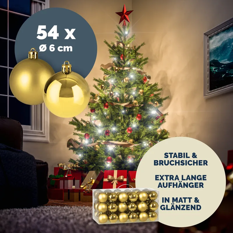 Casaria® Künstlicher Weihnachtsbaum Premium 150cm + Kugeln Gold + Lichterkette kaltweiß – Produktbild 2 von 2