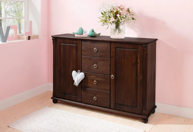 OTTO home Kombikommode Tessin, Buffetunterschrank, klassischer Landhausstil, aus massiver, FSC®-zertifizierter Kiefer, 128cm breit, Braun, – Produktbild 2 von 5