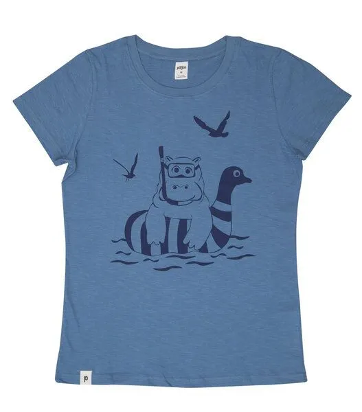 päfjes päfjes Nelly Nilpferd / Hippo - Frauen T-Shirt - Fair gehandelt aus Baumwolle Bio - Slub Blau – Produktbild 2 von 3